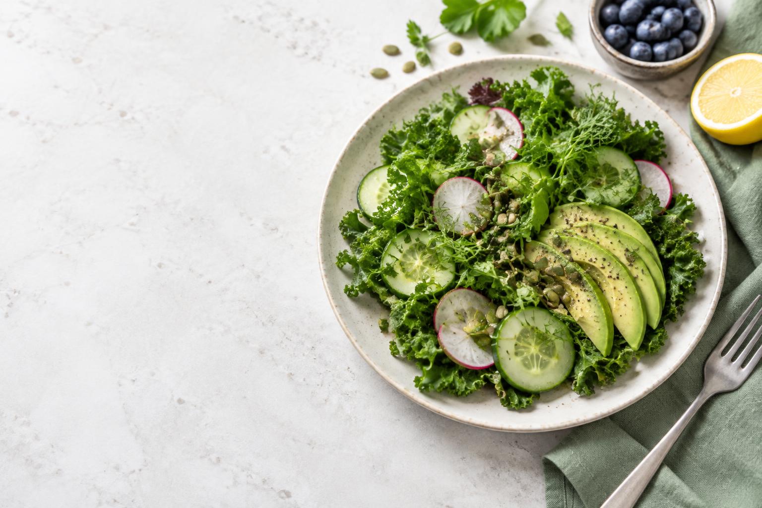 Colorful green salad with avocado, radish and fresh herbs, next to blueberries and lemon